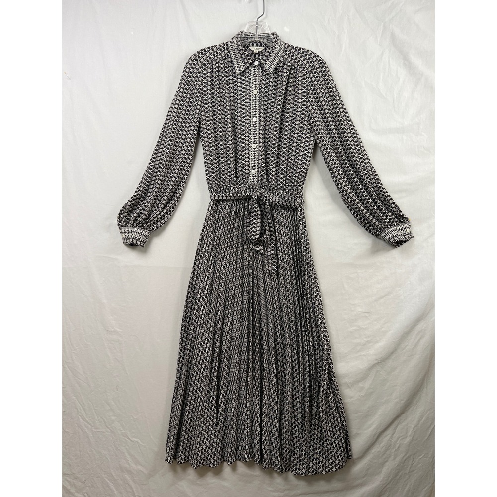 Max Studio London Dress Women XS Black White Geometric Pleated Midi Office Flowy